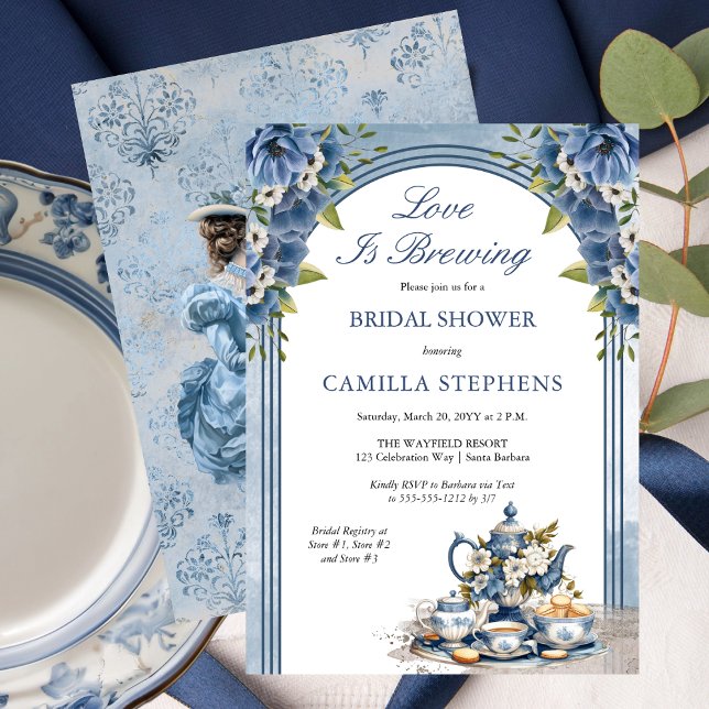 Invitation Elégant Set Floral Tea Set Bridal Tea Douche (Elegant Blue Floral Tea Set Bridal Shower Tea Party Invitation)