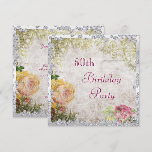 Invitation Élégant Shabby Chic Roses & Diamants 50e Anniversa