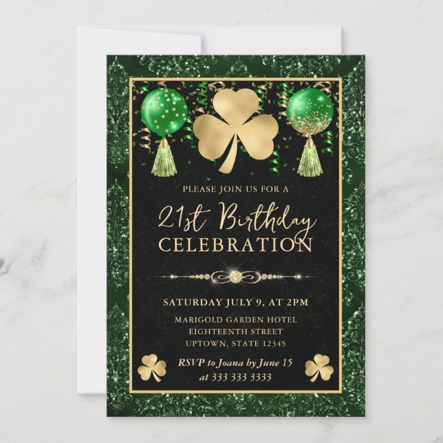 Invitation Elégant Shamrock Vert et Or 21e anniversaire (Devant)