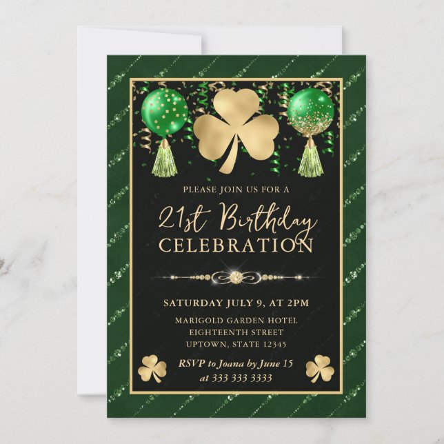 Invitation Elégant Shamrock Vert et Or 21e anniversaire (Devant)