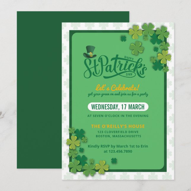 Invitation Élégant Shamrock vert St. Patrick's Day Party (Devant / Derrière)