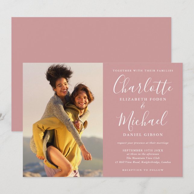 Invitation Élégant signature Script photo Dusty Rose Mariage (Devant / Derrière)