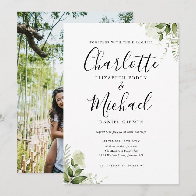 Invitation Élégant Signature Script Verdure Mariage photo (Devant / Derrière)