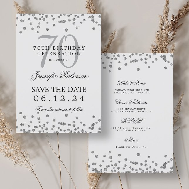 Invitation Elegant Silver 70th Birthday Enregistrer la date D (Elegant Silver 70th Birthday Save the Date Details Invitation)