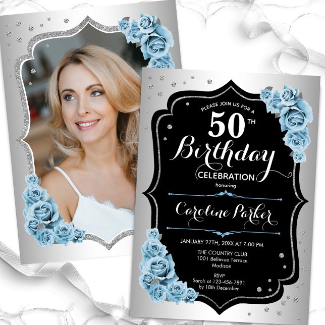 Invitation Elégant Silver Blue Black Photo 50e anniversaire (Créateur téléchargé)