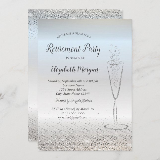 Invitation Élégant Silver Confetti Glass Retraite Argent (Devant / Derrière)