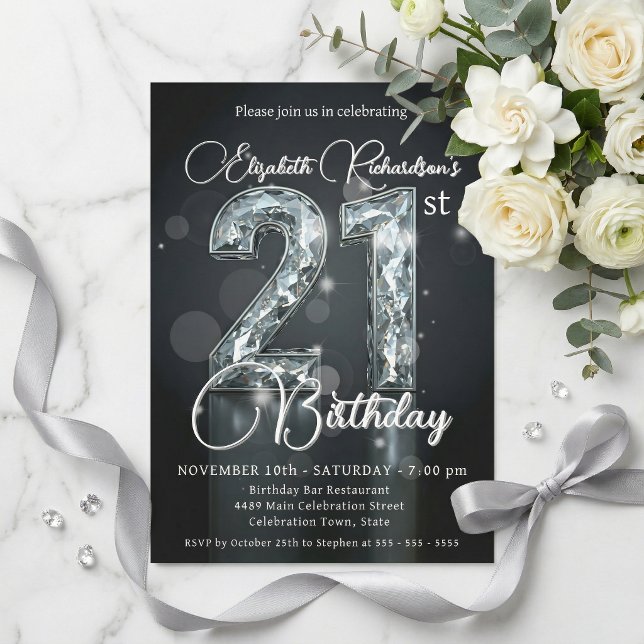 Invitation Elegant Silver Diamond Sparkle 21st Birthday (Créateur téléchargé)