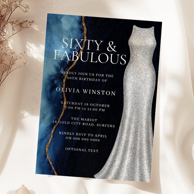 Invitation Elegant Silver Dress & Navy 60th Birthday Party (Créateur téléchargé)