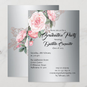 Invitation Élégant Silver et rose Floral Graduation