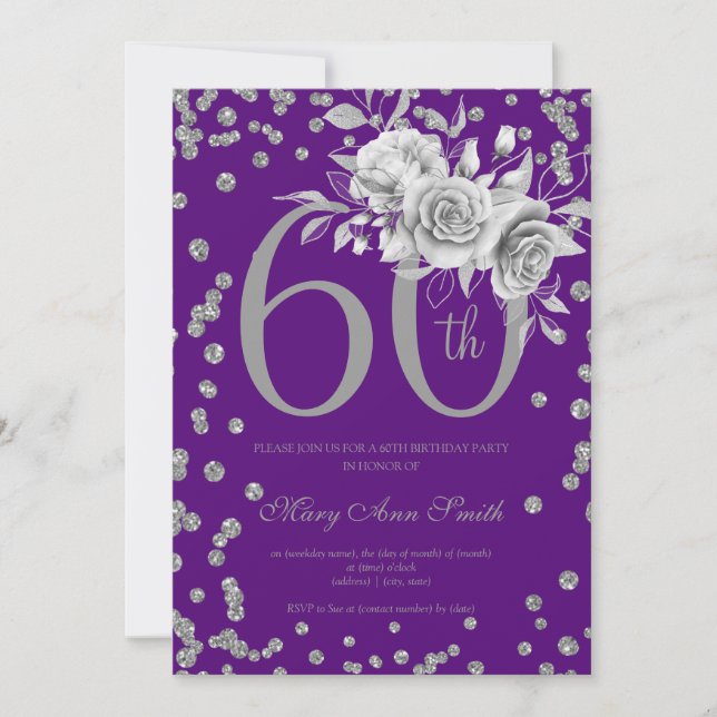 Invitation Elégant Silver Floral 60e anniversaire fête violet (Devant)