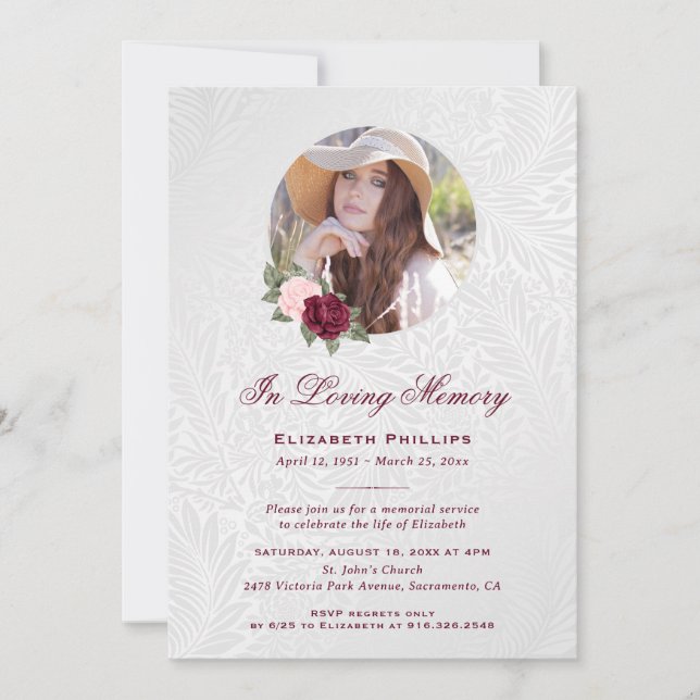 Invitation Elégant Silver Floral Photo Memorial Service (Devant)