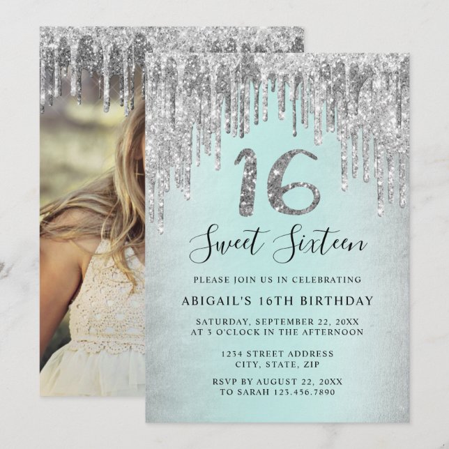 Invitation Elegant silver glitter drips sweet sixteen photo (Devant / Derrière)