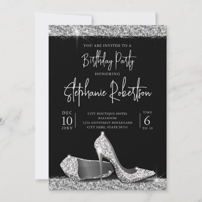 Invitation Elégant Silver moderne Noir talons hauts Anniversa (Devant)