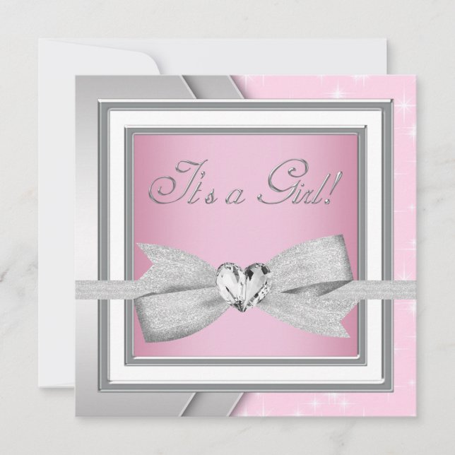 Invitation Elégant Silver rose Baby Girl Douche (Devant)