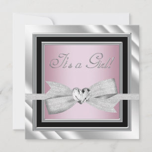 Invitation Elégant Silver rose noir bébé fille douche
