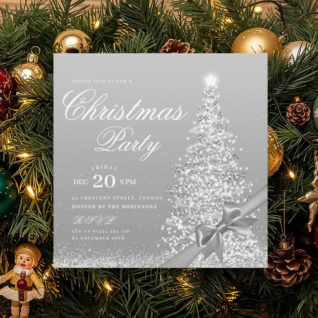 Invitation Elegant Silver Winter Christmas Tree Bow  (Elegant Silver Winter Christmas Tree Bow Invitation)