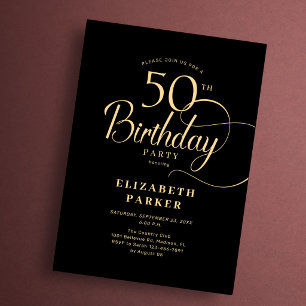 Invitation Elégant Simple Anniversaire 50 Ans Noir Or Script