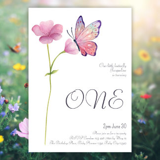 Invitation Elégant simple aquarelle papillon 1er anniversaire
