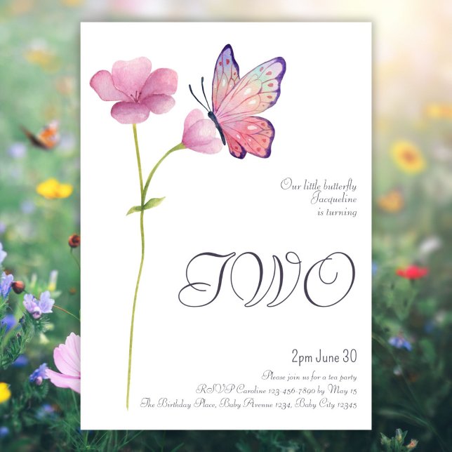 Invitation Elégant simple aquarelle papillon 2e anniversaire (Créateur téléchargé)
