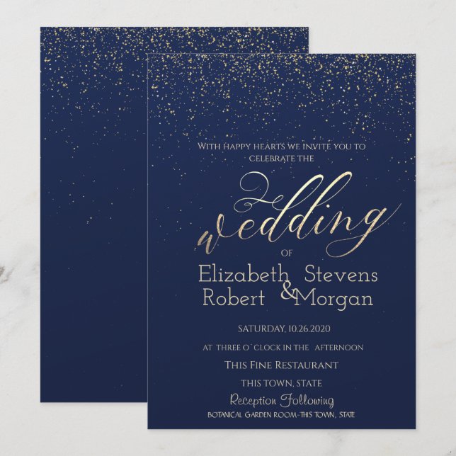 Invitation Elégant simple Confetti Mariage bleu marine (Devant / Derrière)
