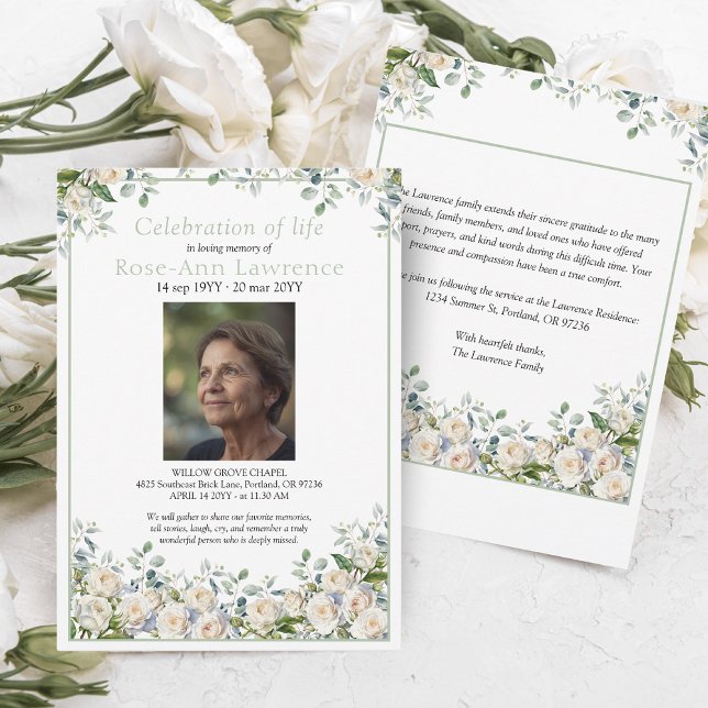 Invitation Elegant Simple Eucalyptus White Rose Photo Funeral (Créateur téléchargé)