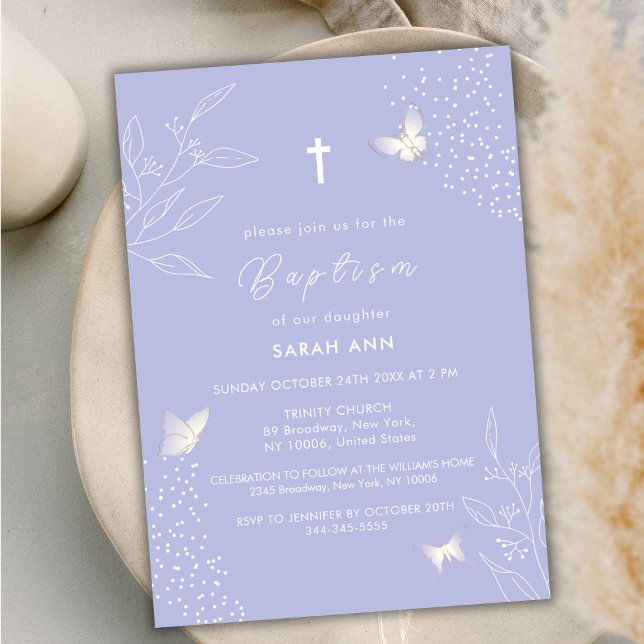 Invitation Élégant simple Feuille papillon croix Baptême (Elegant Simple Leave Butterfly Cross Baptism Invitation)
