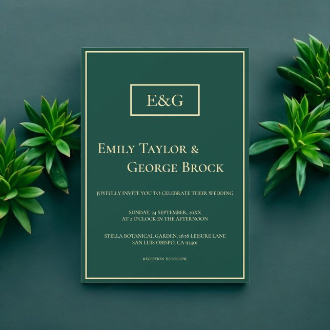 Invitation Élégant Simple Green Gold Monogramme Mariage moder (Créateur téléchargé)