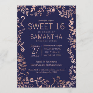 Invitation Elégant Simple Marine Bleu Rose Or Floral Sweet 16