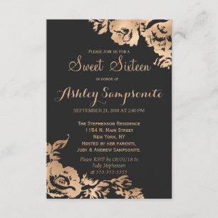Invitation Élégant Simple Moderne Gold Black Floral Sweet 16