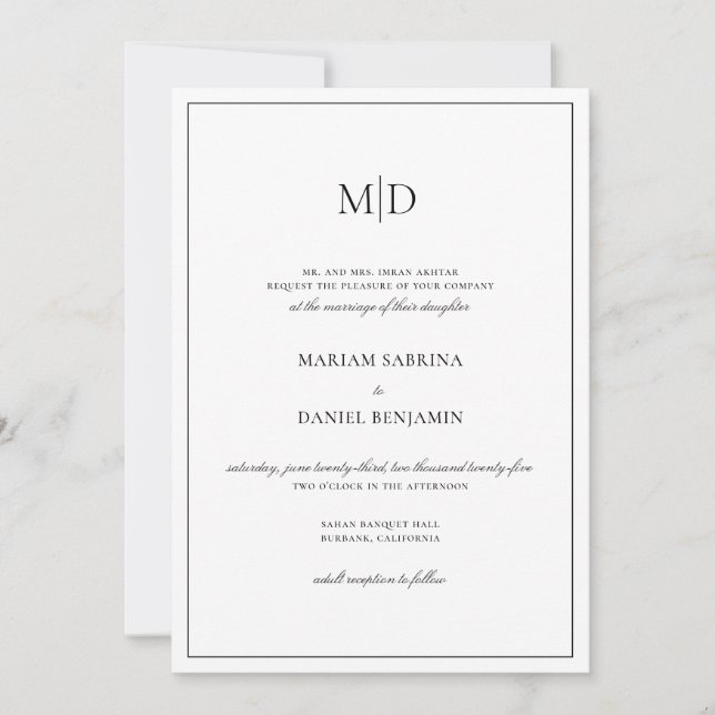 Invitation Élégant Simple Monogramme Script Mariage blanc (Devant)
