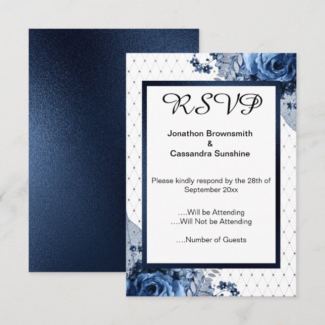 INVITATION ELEGANT SIMPLE MOTIF FLORAL MARINE RSVP (Devant / Derrière)