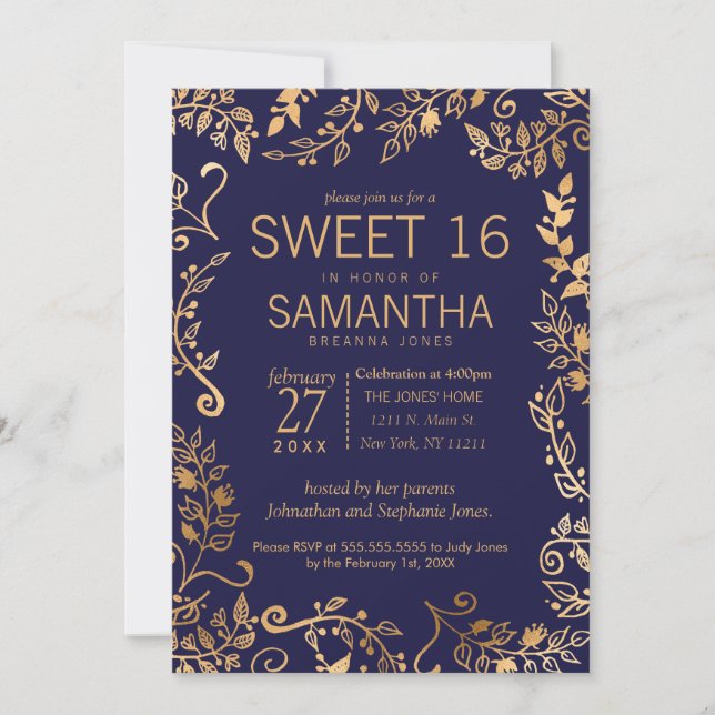 Invitation Élégant Simple Navy Blue Gold Floral Sweet 16 (Devant)