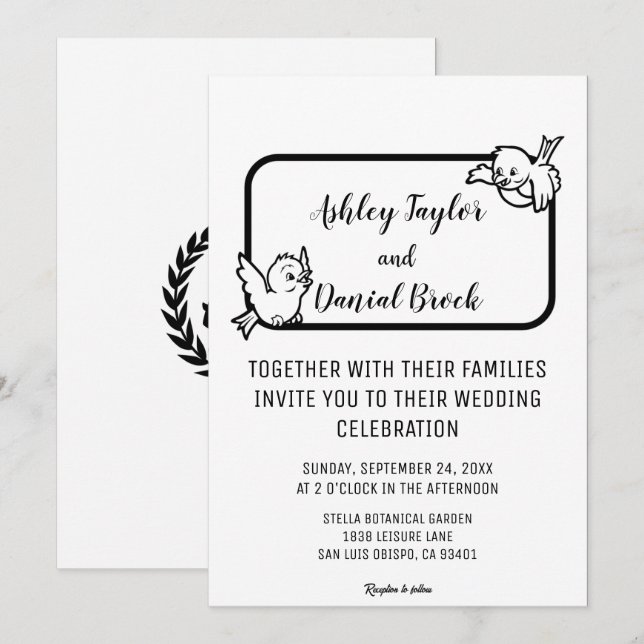 Invitation Elégant Simple Noir Et Blanc Oiseaux Chic Mariage (Devant / Derrière)