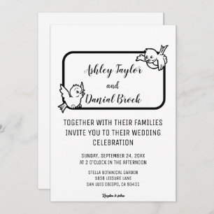 Invitation Elégant Simple Noir Et Blanc Oiseaux Chic Mariage