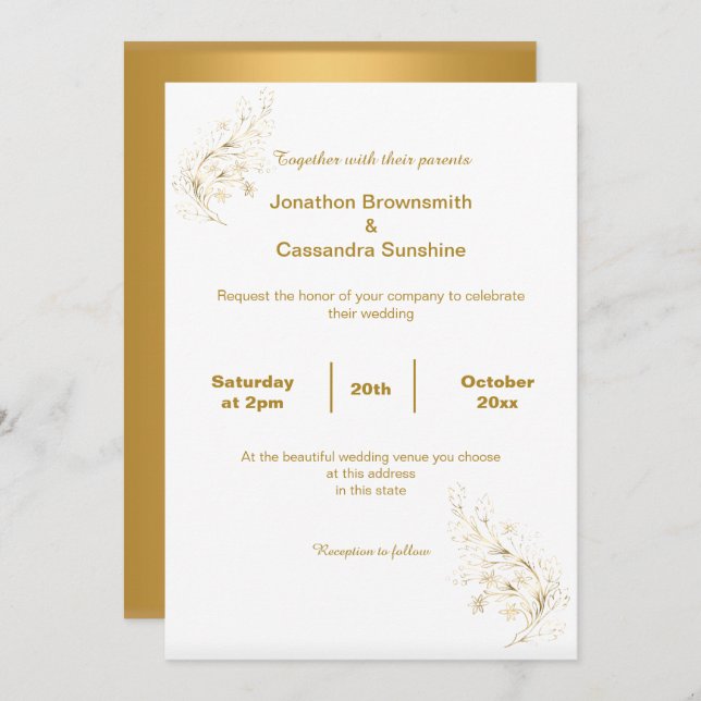 INVITATION ÉLÉGANT SIMPLE OR FEUILLE OR REVERS MARIAGE (Devant / Derrière)