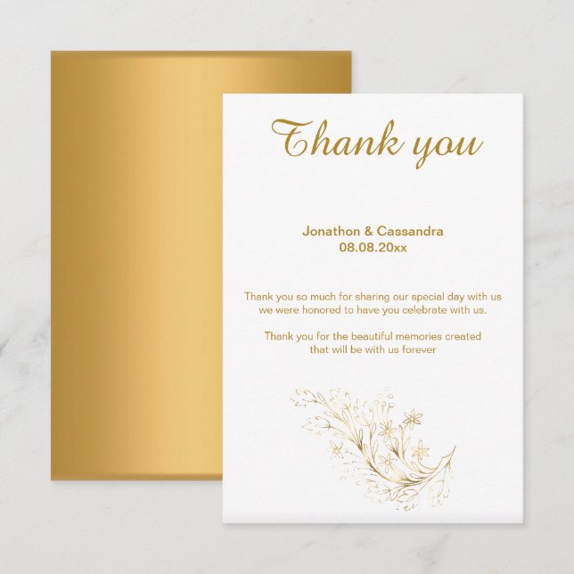 INVITATION ÉLÉGANT SIMPLE OR FEUILLE OR REVERS MERCI (Devant / Derrière)