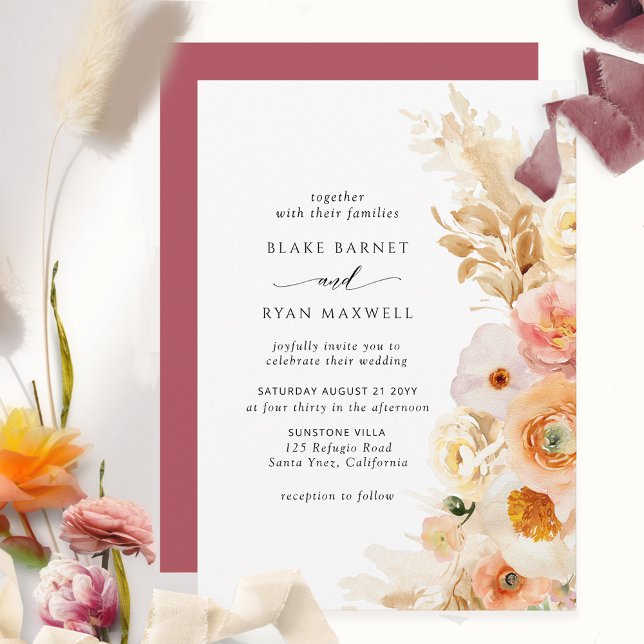 Invitation Elégant, Simple Peach Blush Cream Mariage Bourgogn (Créateur téléchargé)