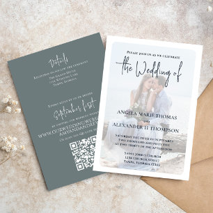 Invitation Elégant simple photo QR Code RSVP Dusty Grey
