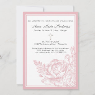 Invitation Élégant Simple Rose Floral Première Sainte Communi