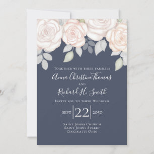 Invitation Élégant Simple Rose Pâle Floral Bleu Marine Feuill