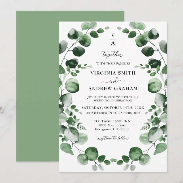 Invitation Elégant simple Rustique Eucalyptus Mariage de verd (Devant / Derrière)