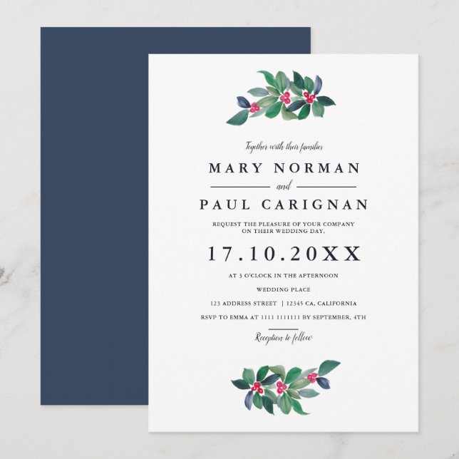 Invitation Élégant simple vert bleu hiver mariage de Noël (Devant / Derrière)