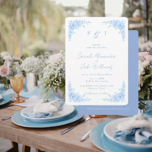 Invitation Élégant site web de mariage floral bleu arrondi