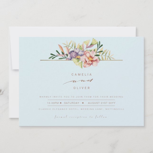 Invitation Elégant Sky Blue Summer Floral Wedding Inviter QR (Devant)