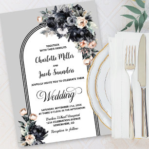 Invitation Élégant Smokey Black Floral Gris Arch Mariage