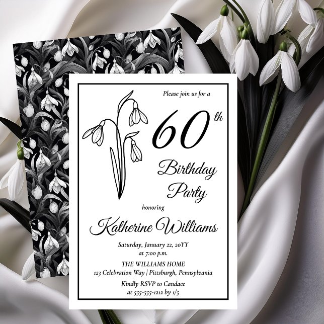 Invitation Elégant Snowdrops 60e anniversaire fête (Elegant January Birth Month Snowdrops Floral "60th Birthday Party" Invitations -- Print | Download)