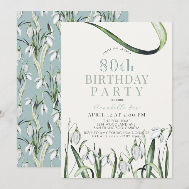 Invitation Elégant Snowdrops Aquarelle 80e anniversaire (Devant / Derrière)