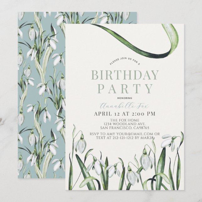Invitation Elégant Snowdrops Aquarelle Adulte Anniversaire (Devant / Derrière)