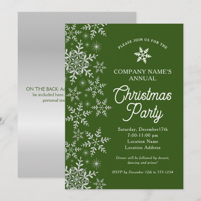 Invitation Élégant Snowflakes Green Company Noël Party (Devant / Derrière)