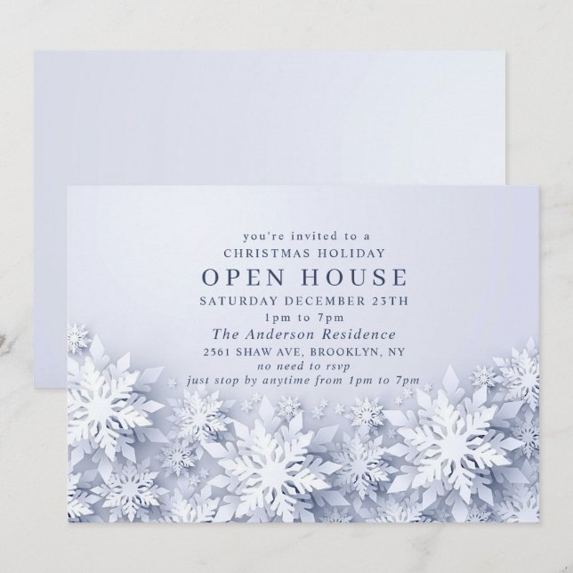 Invitation Élégant Snowflakes Noël VACANCES Open House (Devant / Derrière)
